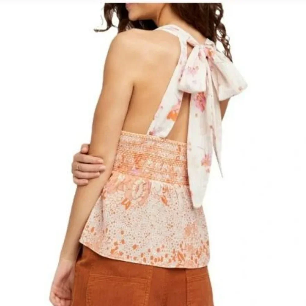 FREE PEOPLE Bohemian Y2K Style Babydoll Floral Pink Smocked Tank Top Size Small